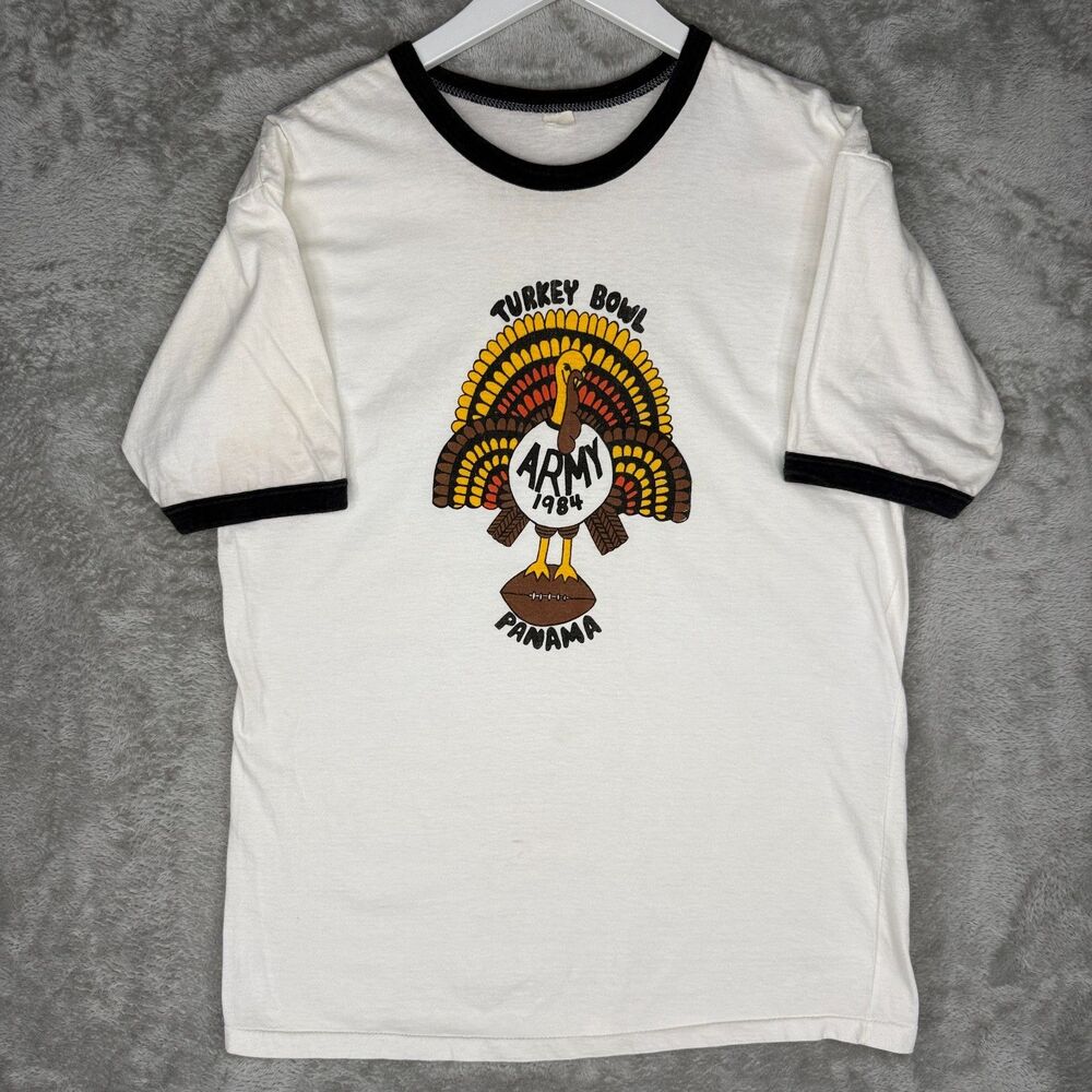 Vtg 80s Army Shirt Mens Large 1984 Turkey Bowl Football US Panama White Ringer